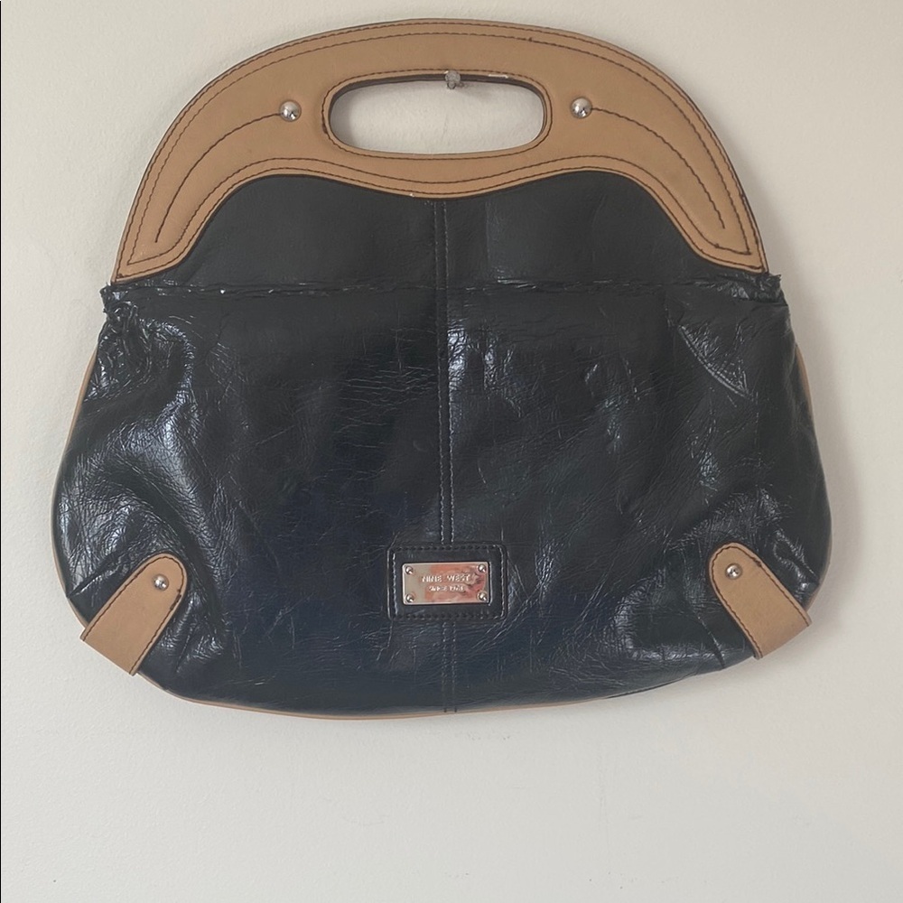 Nine West Black and Tan Clutch with Wooden Handle